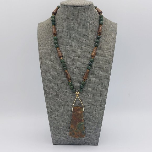 Semi Precious Stone Necklace Green Brown Gold Toned Statement Pendant Natural Ro - Picture 1 of 7